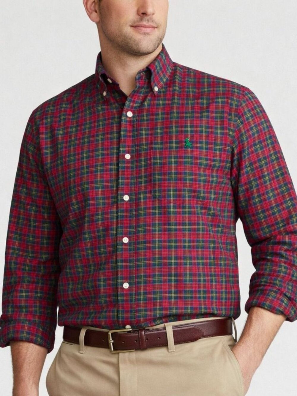 Ralph Lauren Mens Classic Fit Shirt Red Green Tartan Plaid Button Down Size M